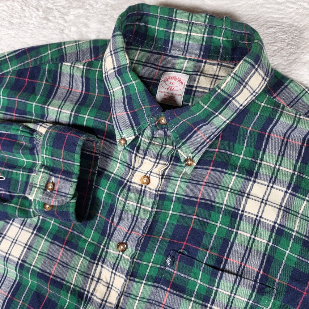 Brooks Brothers 346 Mens XXL Green Navy Beige Plaid L/S Button Up Flannel